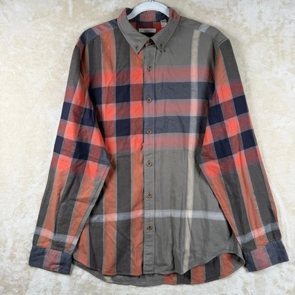 Burberry Brit Mens L Grey Red Black Oversized Nova Check Cotton Flannel Shirt